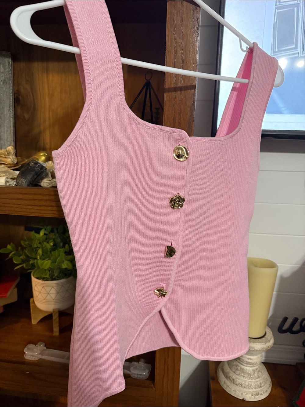 Love Tree Pink Ribbed Tank with Gold Accent Buttons